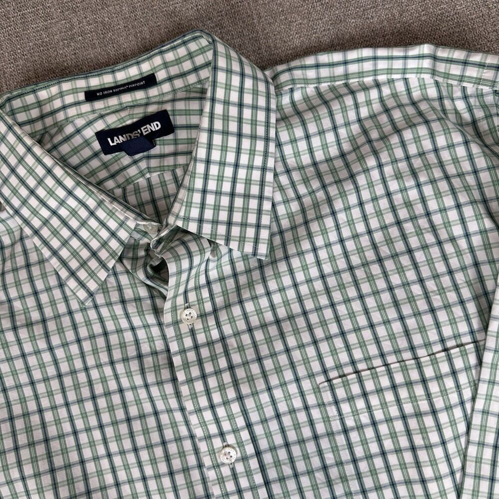 Lands End Mens Dress Shirt 17.5 -33 Plaid Supima No Iron Pinpoint Cotton